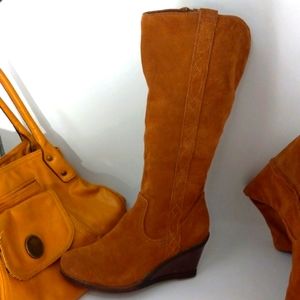 👢TALL LEATHER WEDGE BROWN BOOTS 👢